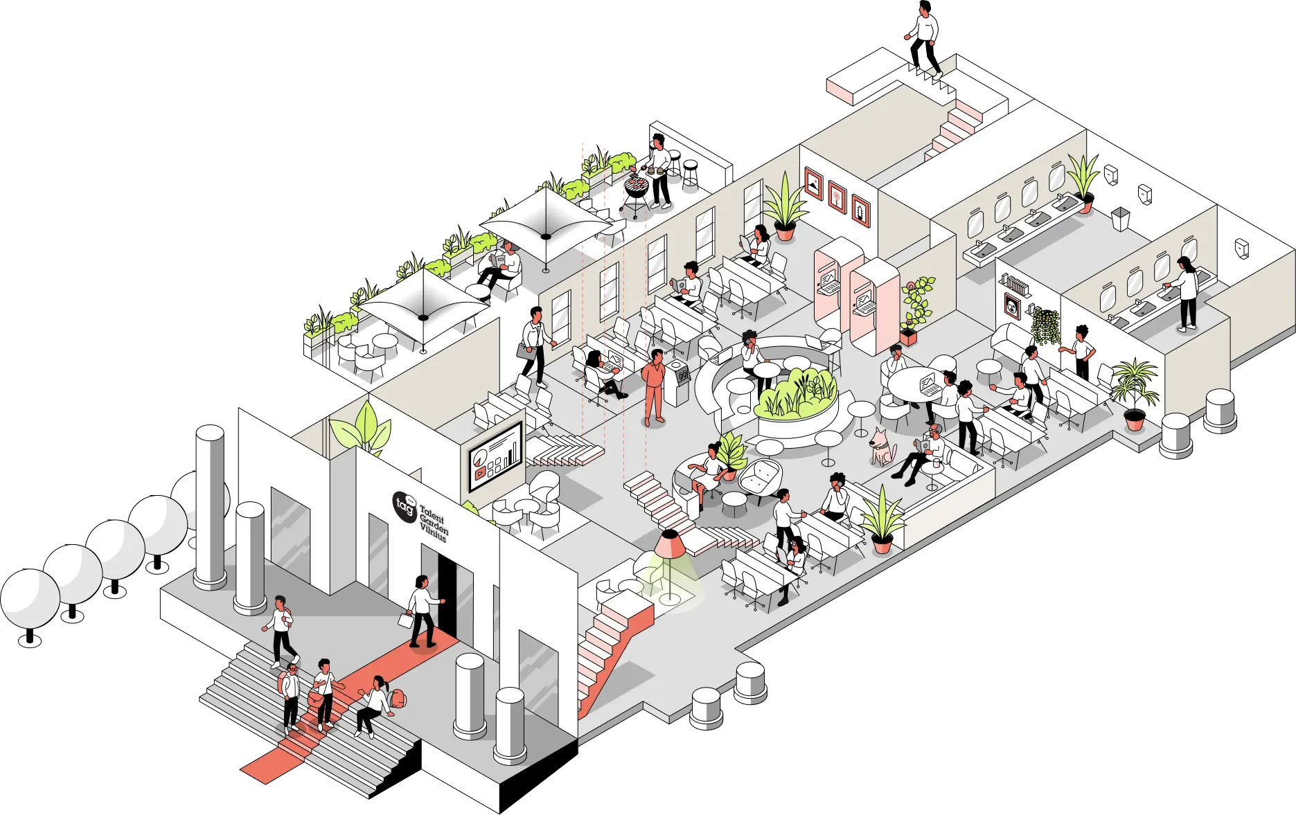 Isometric view of a modern open office space with desks, chairs, plants, and people working and interacting.