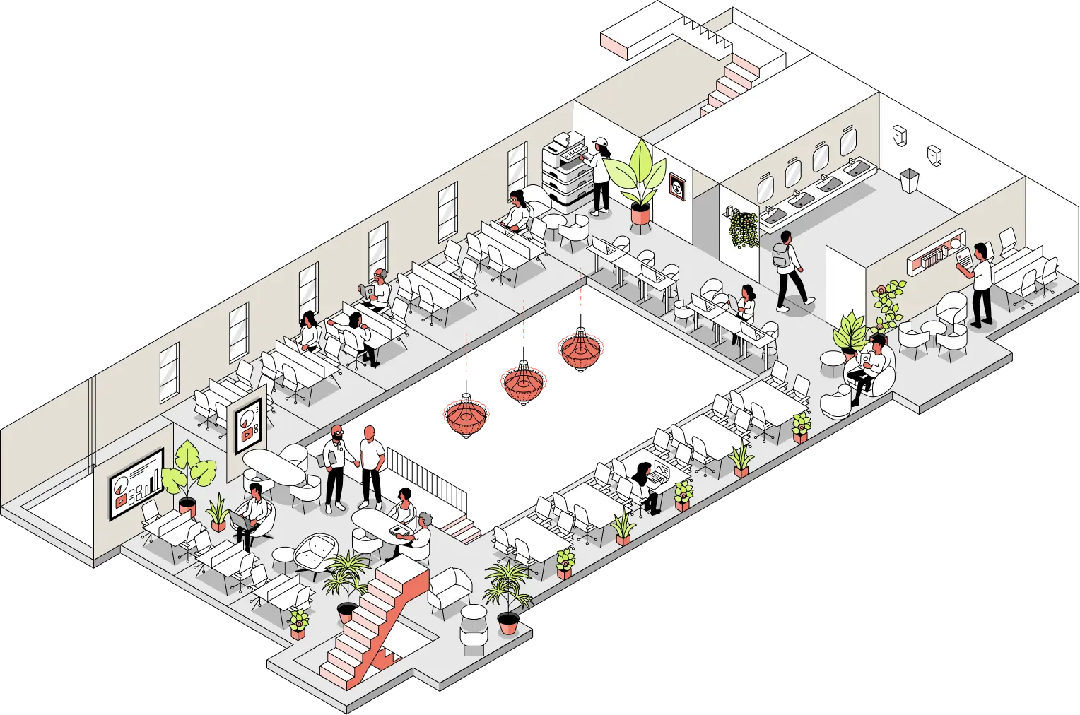 Isometric view of a modern open office space with desks, chairs, plants, and people working and interacting.