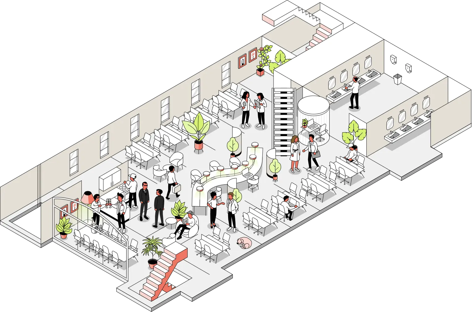 Isometric view of a modern open office space with desks, chairs, plants, and people working and interacting.